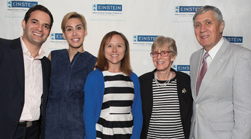 From left, Jonathan Segal; Danielle Cohen Segal, EEL executive chair; Teresa V. Bowman, Ph.D.; Ruth L. Gottesman, Ed.D., chair emerita, Einstein Board of Overseers; and Dean Allen M. Spiegel, M.D. Top Banner: From left, Tommy Shaffer and Danielle Lotardo with EEL executive board members Amanda and Joseph Sipala.