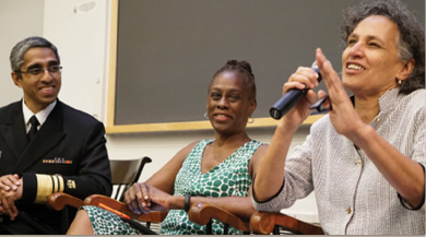 U.S. Surgeon General Vivek Murthy, M.D., M.B.A., left, visited Einstein to talk about the opioid crisis. With him were New York City First Lady Chirlane McCray and Mary Bassett, M.D., M.P.H., commissioner of the New York City Department of Health and Mental Hygiene. 
