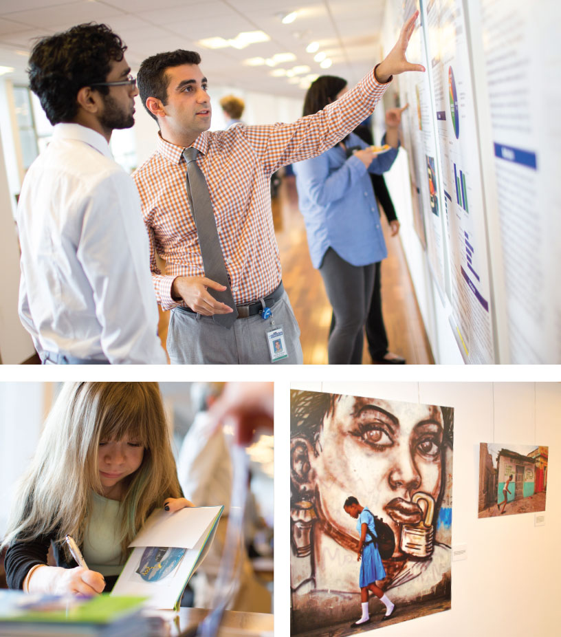 Clockwise from top: Medical students’ posters attracted interest; a street scene from Haiti at the Doctors Without Borders reception; and 18-year-old Alena Galan, who was born with mucopolysaccharidosis type VI, signing a copy of her book, Differences Are Blessings, on Rare Disease Day. Facing page: photographer Rick Guidotti discusses the meaning of beauty on Rare Disease Day. 