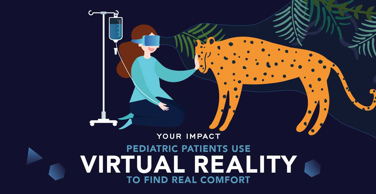 illustration of girl wearing virtual reality goggles while being hooked to intravenous fluids as she pets an orange leopard.