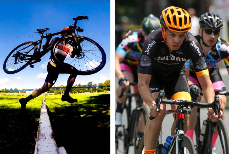 Man carries bicycle over a railing in left photo; man in orange helmet rides a bike in right photo.
