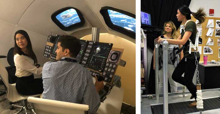 Young woman and young man look over their shoulders from flight control station; young woman wears weighted vest as she runs on a treadmill with ponytail in air.